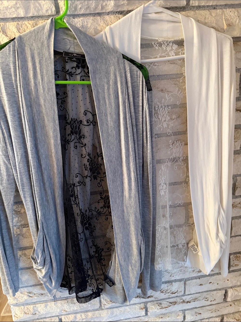 Iris Basic Light Gray and White Open-Front Cardigans with Lace Back
